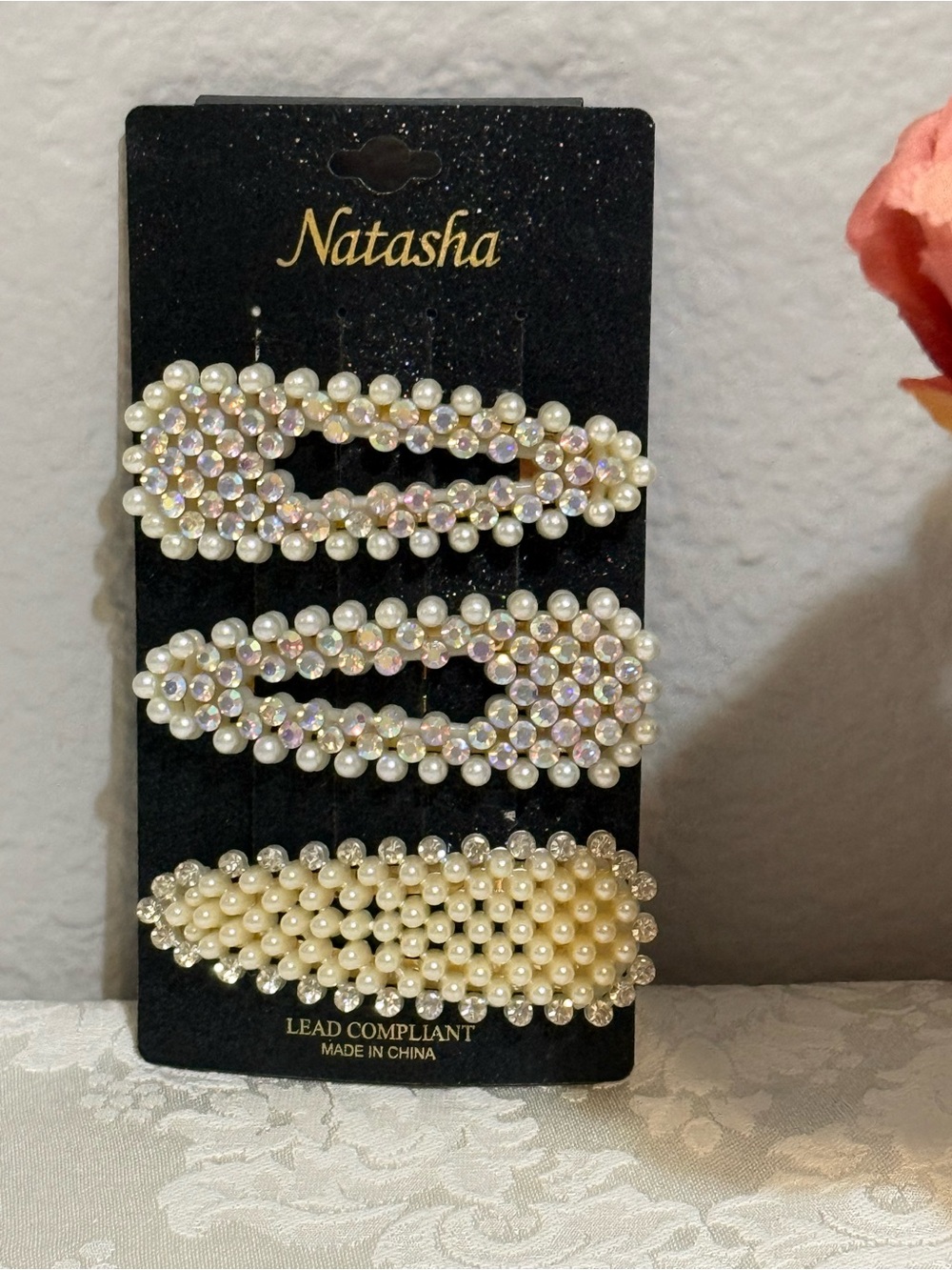 Natasha Couture Pearl & Iridescent Rhinestone Hair Clip Trio in Ivory New